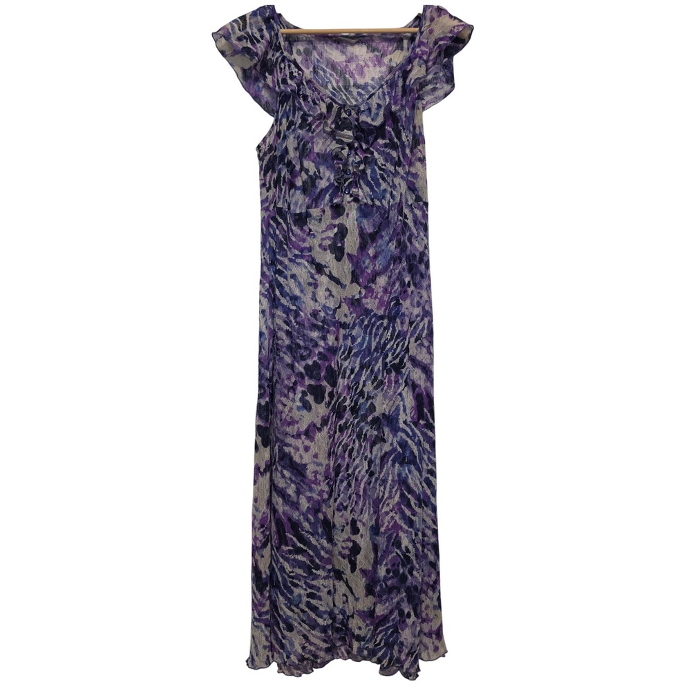 Per Una Abstract Animal Print Ruffle V-Neck Mesh Maxi Dress Purple Blue Size 20L